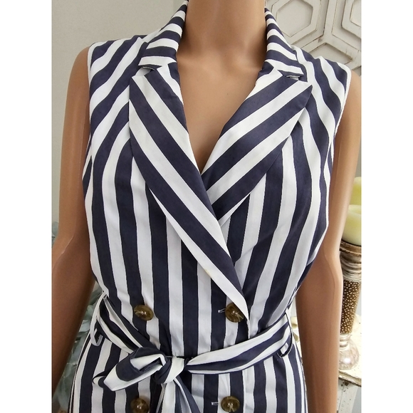 Court & Rowe Blue & White Striped Tie Waist Sleeveless Midi Shirt Dress Size 6 - Picture 3 of 8